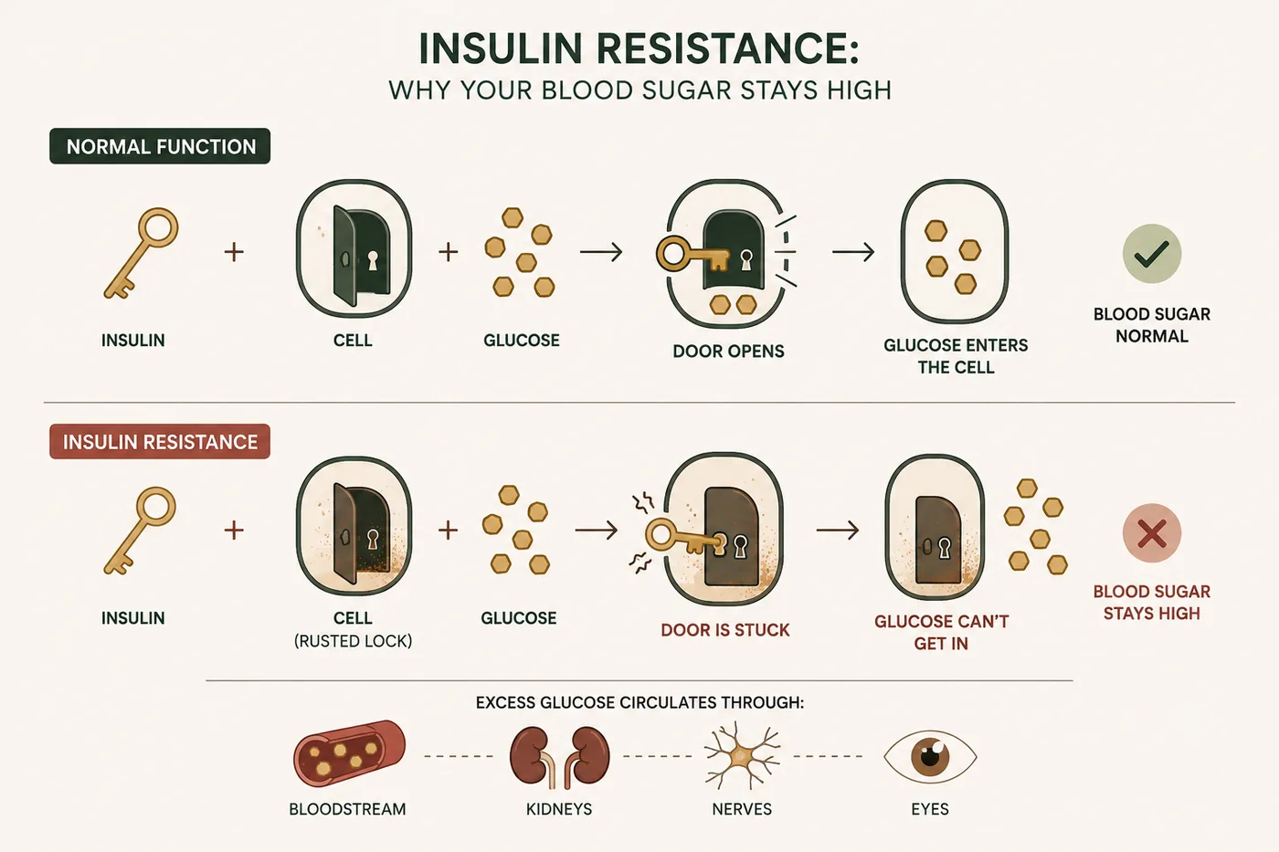 Diagram: how reduced insulin sensitivity affects blood sugar levels
