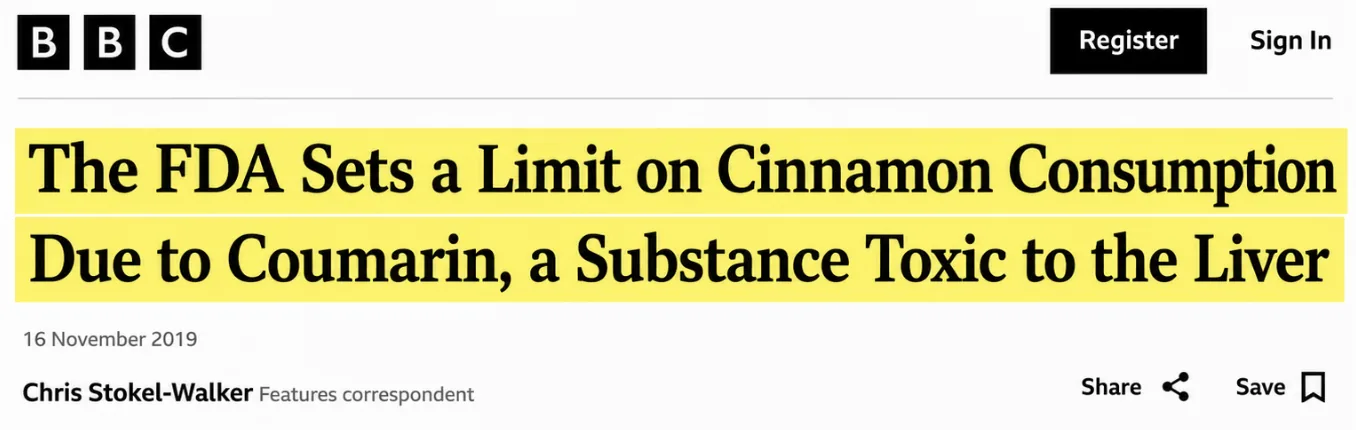 BBC: The FDA sets a recommended limit on Cassia cinnamon consumption due to coumarin concerns