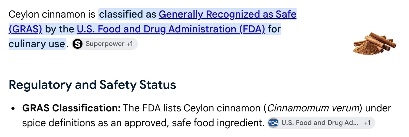 FDA GRAS classification listing Ceylon cinnamon as Generally Recognized as Safe
