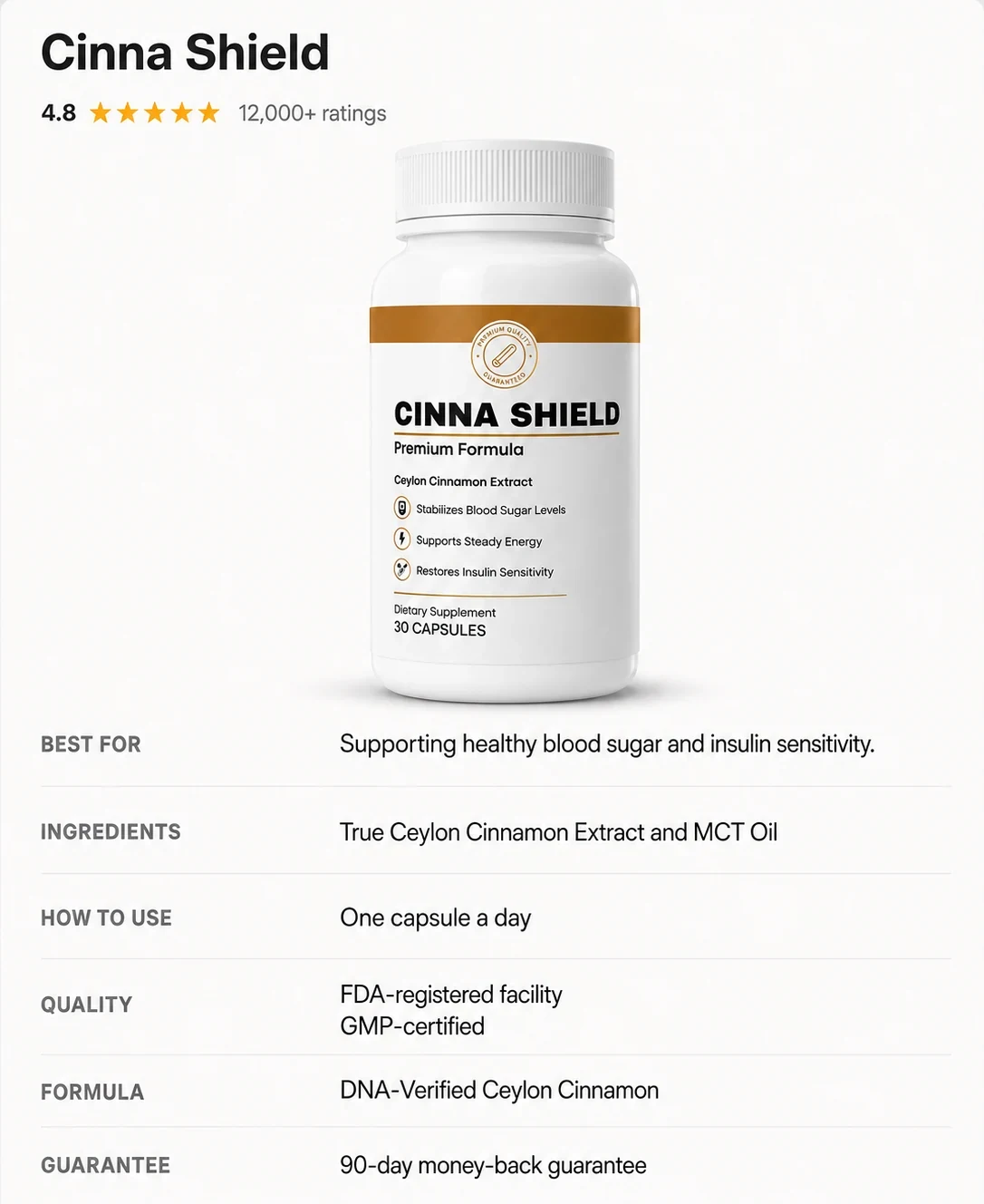 CinnaShield product details: true Ceylon extract, 12:1 concentration, 90-day guarantee